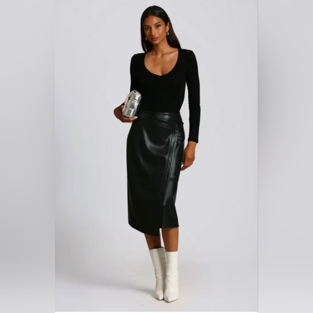 Avec Les Filles Faux-Ever Leather™ Midi Wrap Skirt Size L